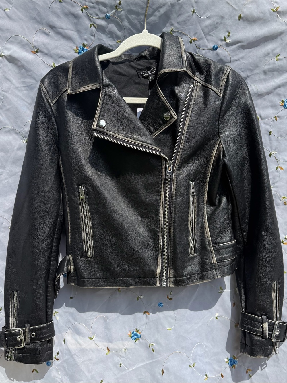Topshop Black Leather Moto Jacket with Zip Details
